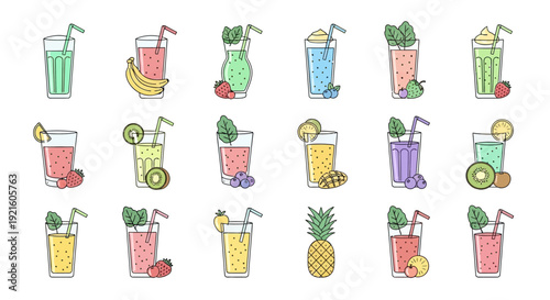 A vibrant assortment of refreshing fruit smoothies and juices in a variety of glasses