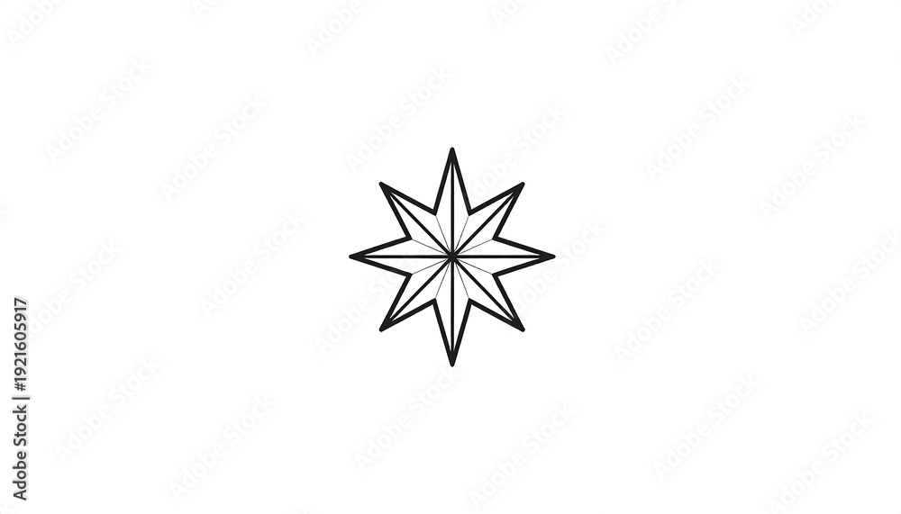 Obraz premium A simple, symmetrical, eight-pointed star, outlined in black, is centered against a clean white background. Geometric and minimalist design