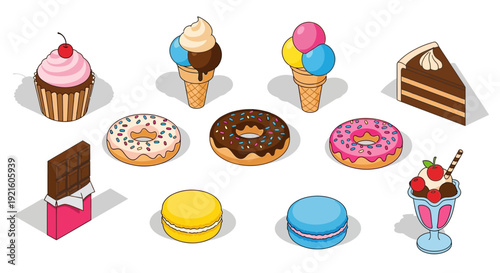 A colorful isometric illustration of various desserts and treats on a white background