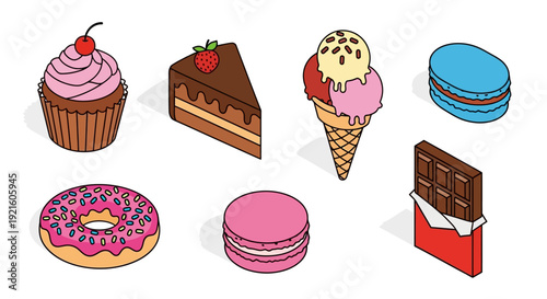 A Delightful Assortment of Sweet Treats, Cakes, and Desserts in Isometric Design Style