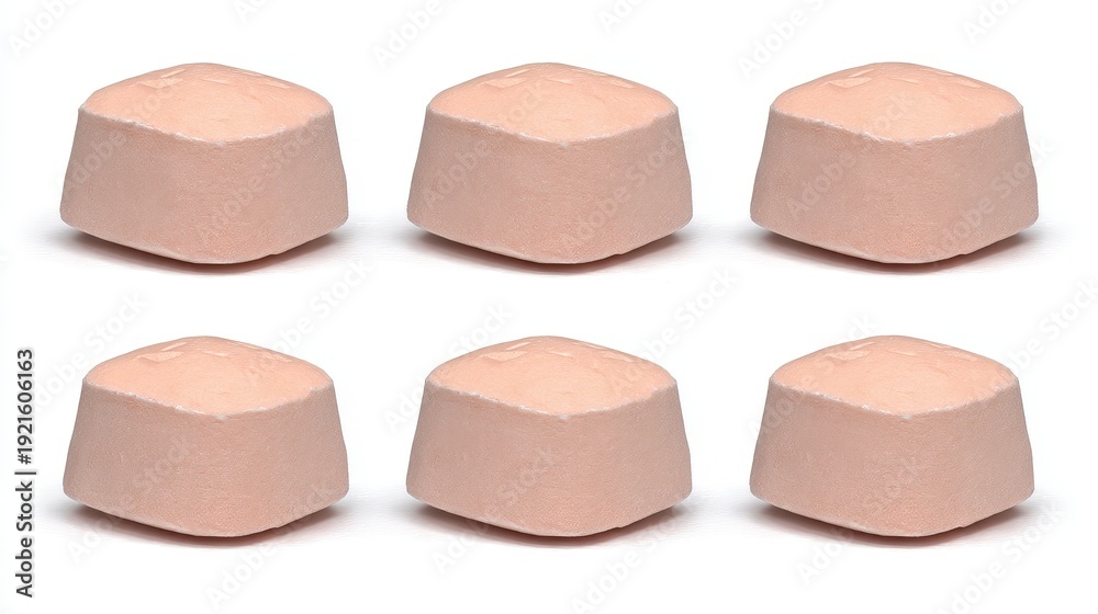Fototapeta premium Close-up View of Six Soft Powder Tablets on a White Background