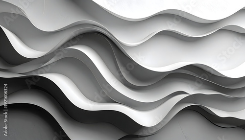 A monochromatic grey background features three dimensional paper cut art with overlapping wavy layers creating a soft shadow effect throughout the generative AI
