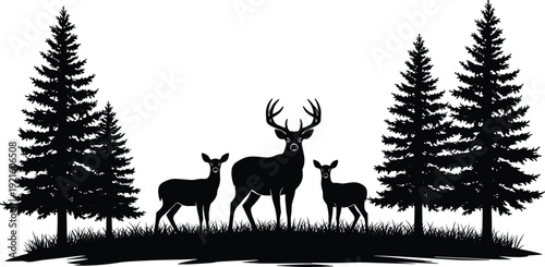 Black Silhouette of Deer Family with Buck Doe and Fawn Standing in Forest Grass Near Pine Trees for Nature Conservation and Wilderness Graphic Design