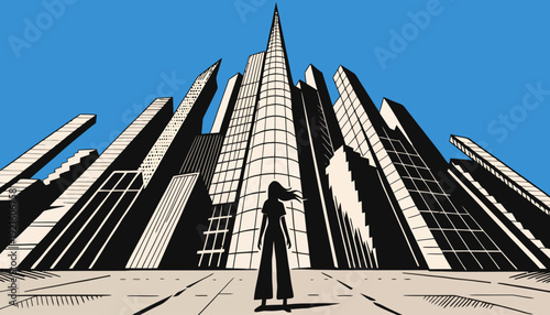 Woman standing in front of futuristic city skyline with sleek skyscrapers