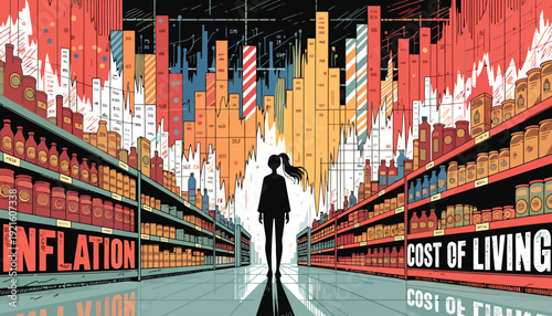 Woman analyzing rising cost of living and inflation in grocery store