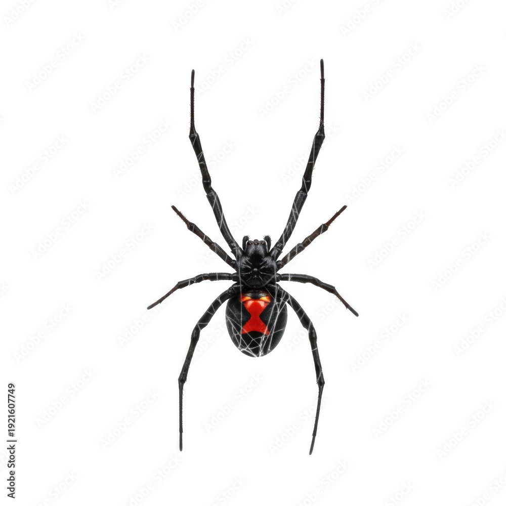 Obraz premium Black Widow Spider Red Hourglass Venomous Arachnid Insect Creepy Halloween Wildlife Entomology Dangerous Predator Isolated PNG Cutout