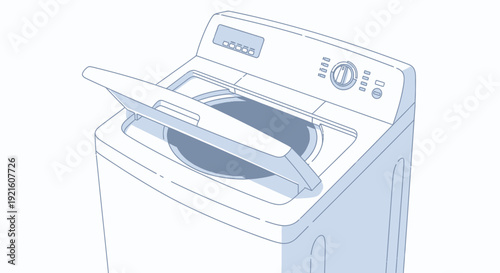 A line drawing illustration of a top-loading washing machine with its lid open, ready for laundry.