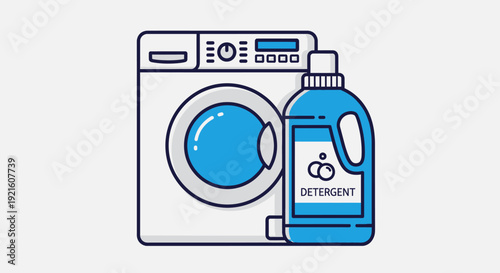 Illustration of a modern washing machine next to a bottle of blue liquid laundry detergent, depicting household chores and cleaning.