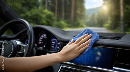 Close-up of dashboard touchscreen wiped with cleaning solution, streak-free reflection visible, subtle textures in background