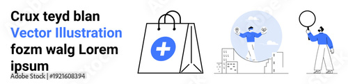 Shopping bag with cross symbol, tightrope walker balancing above buildings, person holding a balloon. Ideal for healthcare, balance, growth, leisure, e-commerce, urban lifestyle simple landing page