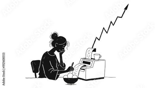 Businesswoman analyzing financial growth with printer and coffee
