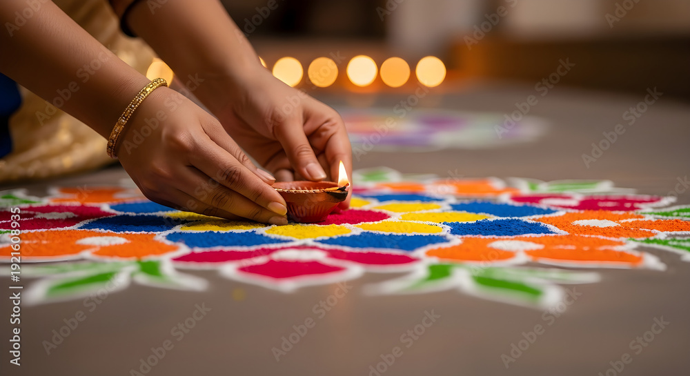 Fototapeta premium Hands creating a vibrant geometric pattern on the floor with colored powder during a traditional celebration