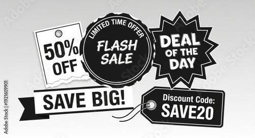 Collection of Sale and Discount Tags and Labels for Shopping.