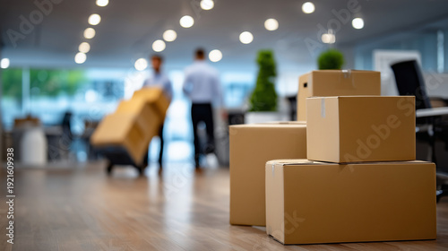 Close-up of office workers coordinating while movers lift outdated filing cabinets, cardboard boxes and broken furniture stacked neatly, clean design office background, realistic t