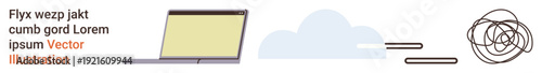 Productivity, workflow, challenges, technology, problem-solving, remote work. Visual ion includes a laptop, a cloud and chaotic tangled lines. Productivity and workflow obstacles concept