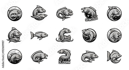 Collection of stylized fish illustrations in various poses and designs.