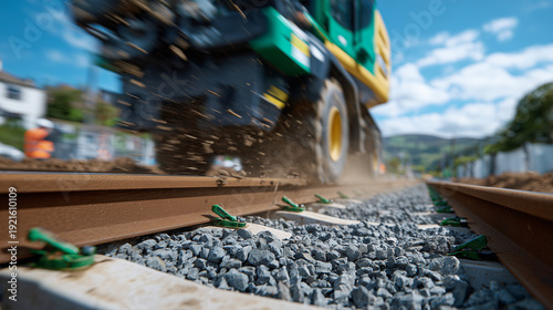 Low-angle close-up of track sleepers being positioned and aligned, machinery wheels in motion, gravel being spread, sequential motion overlaid to illustrate continuous work and rai