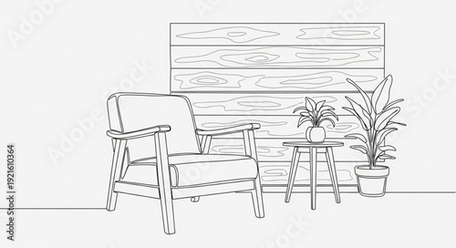 Minimalist line art of a modern armchair and side table with plants.