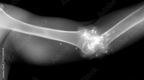 Close-up AP X-ray of elbow with radial head fracture, clear delineation of joint surfaces, grayscale emphasizing cortical bone, suitable for orthopaedic evaluation