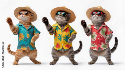 Three stylish cats in colorful Hawaiian shirts and sunglasses dancing, isolated on white background, humorous summer fashion concept.