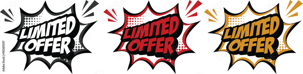 Fototapeta premium Modern limited offer sale badges icon set collection in red, yellow and black colors with clock and comic style elements. Perfect for discounts, promotions and marketing banners.