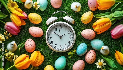 alarm clock on green grass surrounded by pastel speckled eggs, yellow and pink tulips, daisies and fluffy chicks conveying a cheerful springtime celebration