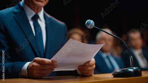 Close-up of hands flipping through official documents, microphone in foreground, blurred council members in background, cinematic color grading emphasizing focus and responsibility