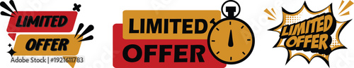 Modern limited offer sale badges icon set collection in red, yellow and black colors with clock and comic style elements. Perfect for discounts, promotions and marketing banners.
