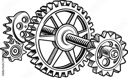Vintage steel gear wheels and nautical compass icons are featured in this vector illustration set, combining business clock gears with a 3d metal circle design concept