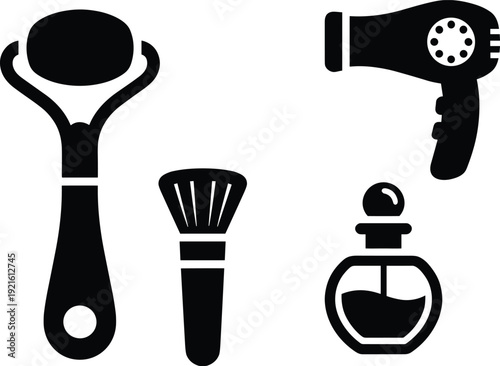 Beauty tools silhouette vector set including roller brush hairdryer and perfume isolated on white background for cosmetic styling concepts