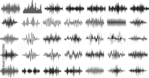 Black Sound Waves and Audio Frequency Equalizer Signals Set for Music Player Digital Media and Radio Broadcast Vector Graphics Collection