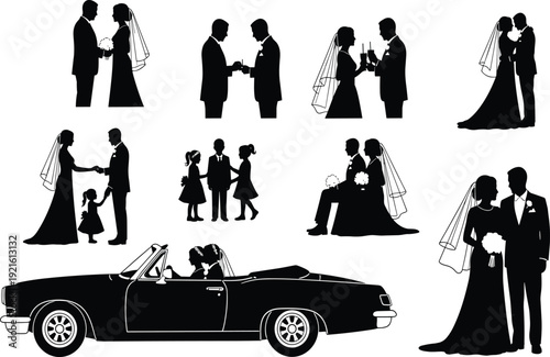 Wedding Couple Silhouette Set Featuring Bride and Groom Romantic Moments Marriage Ceremony Celebration and Just Married Car Vector Illustration Collection