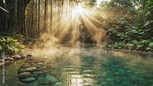 Serene natural hot spring surrounded by lush greenery and mist