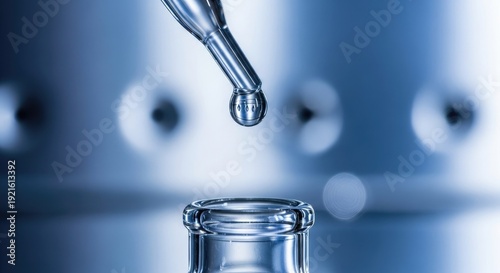 Close up of a pipette dispensing a drop of liquid into a glass vial