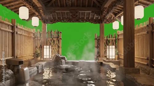 Traditional japanese onsen with wooden structure and steamy water