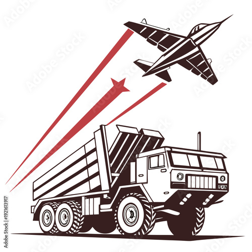A truck launches a missile to intercept an airplane Vector