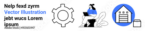 Gear icon, woman on laptop near plants, and warehouse with box. Ideal for logistics, productivity, technology, remote work, innovation, development simple landing page