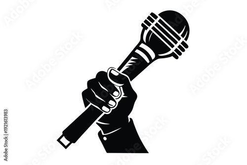 hand with microphone silhouette line art vector illustration