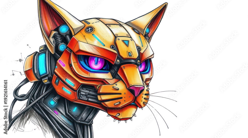 Fototapeta premium Cybernetic Cat Head with Glowing Blue and Purple Eyes