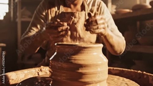 Clay pottery being shaped wheel by person with hands applying pressure