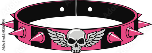Punk Rock Spiked Collar with Winged Skull Vector Illustration