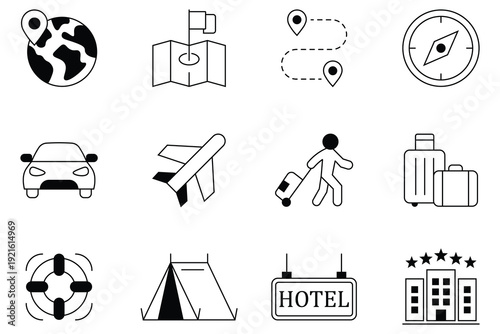 Collection of travel line editable icons set. Contains luggage, map, tourist transport, locations, car, hotel, tent, GPS and more. Collection of traveling and tourism elements. Vector illustration. 