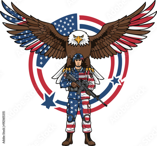 Patriotic Soldier with American Flag and Eagle Symbol