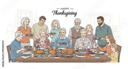 Family Gathering Around Thanksgiving Dinner Table.