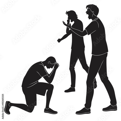 A man on one knee next to two standing men Vector
