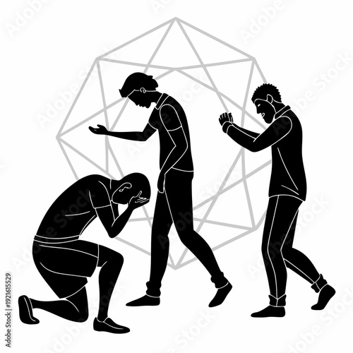 Three silhouetted figures interacting with a geometric shape Vector