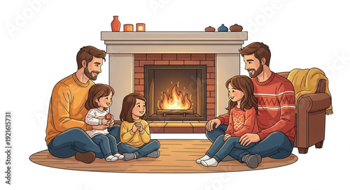 Family Gathering by Fireplace Together.