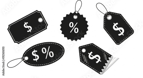 Set of five black price tags with dollar and percentage signs.