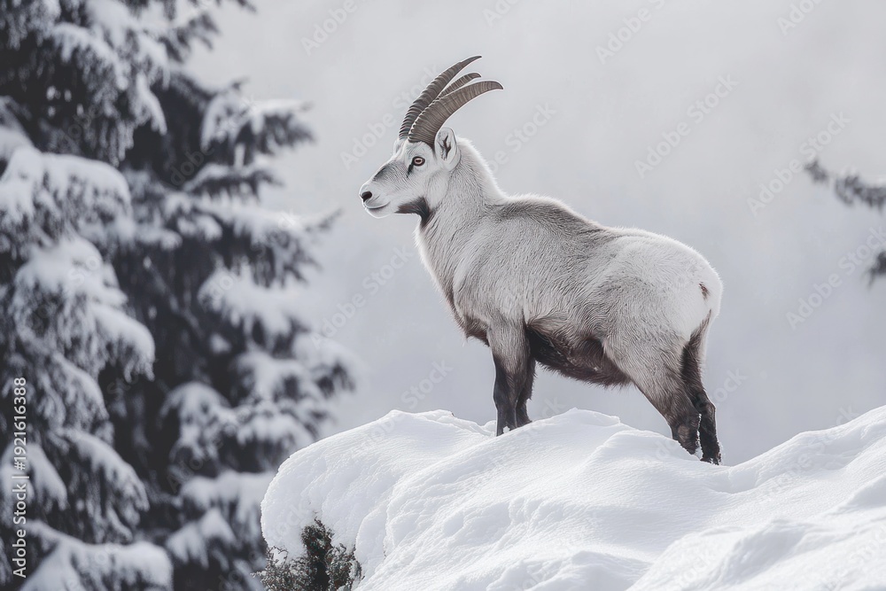 Naklejka premium majestic mountain goat standing on a snowy ridge, alert and solitary against snow-covered evergreen trees and a misty gray sky