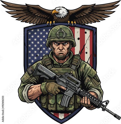 Patriotic Soldier with Eagle and Flag Shield